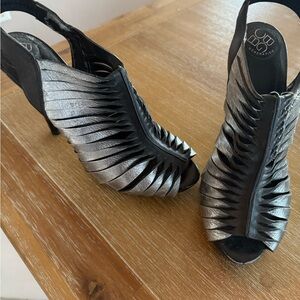 BCBGMaxAzria Black and Silver Strappy Heels